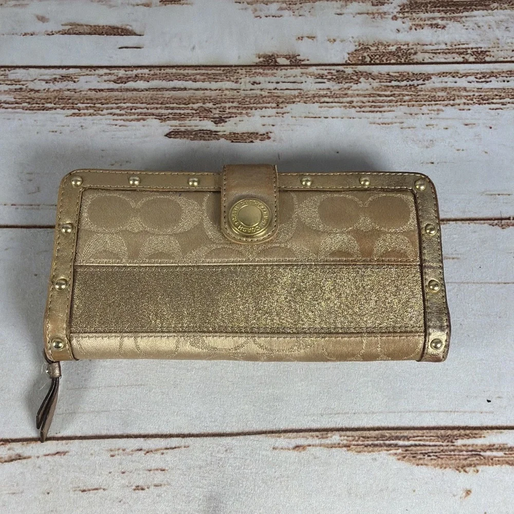Coach Gold Signature Canvas Wallet Women's Bifold Leather Trim Used